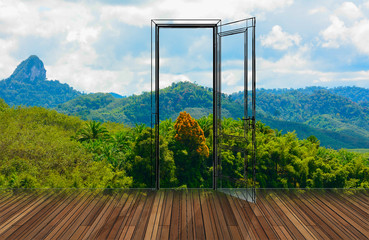 Fototapeta premium Landscape behind the opening door