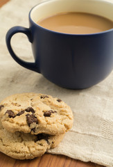 Closeup of chocolate chip cookies and mug of coffee