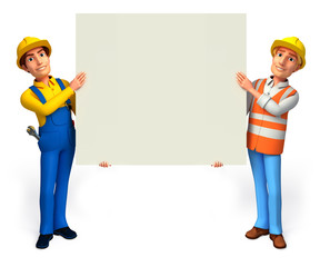 plumber and worker with sign