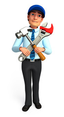 Plumber with wrench and hammer