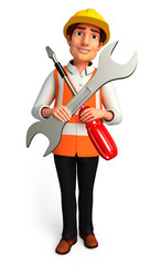 worker with wrench and  screw driver