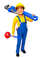 Plumber  with toilet plunger & wrench