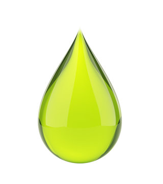 Falling green drop on white isolated with clipping path.