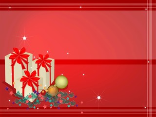 Red Background of Gift Boxes on Fir Twigs and Christmas Balls