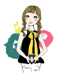 Fashion girl with vintage film camera