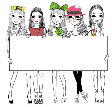 Five fashion girls with banner