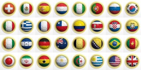 Soccer balls with various flags isolated on white