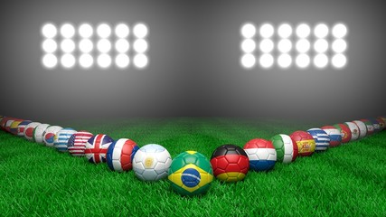 Soccer balls with various countries flags on grass