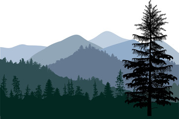 dark illustration with mountain forest