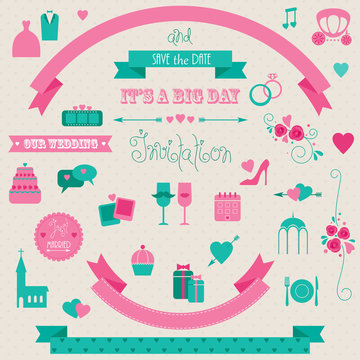 Big set of retro wedding collection. Vector icons and banners.