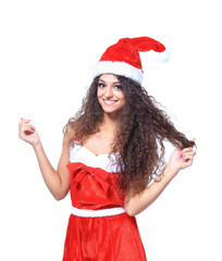 Beautiful happy woman in Santa Claus clothes