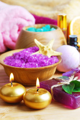 Spa setting with natural soap and sea salt