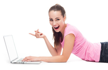 Woman pointing at laptop