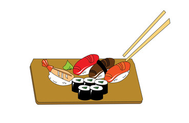 vector sushi on the wood plate and chopsticks