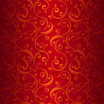 Seamless gold floral pattern on red. Vector illustration.