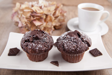 Zwei Schokoladen-Muffins auf weißem Teller