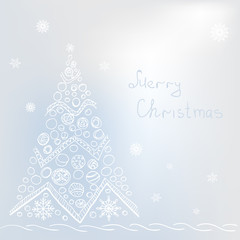 Fototapeta na wymiar White christmas tree on grey background with snowflakes, buble.