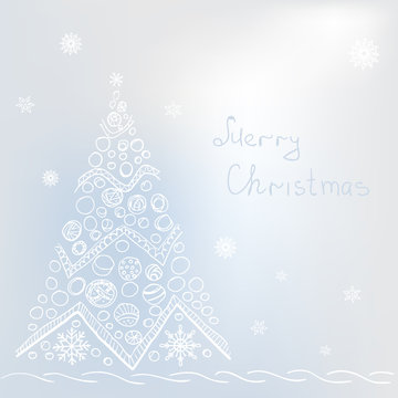 White christmas tree on grey background with snowflakes, buble.