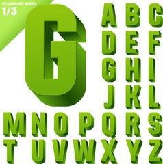 Three-dimensional condensed alphabet. Clear color style