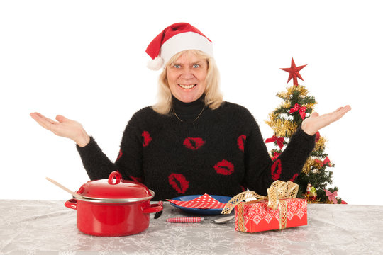 Woman Of Mature Age Happy Alone With Christmas