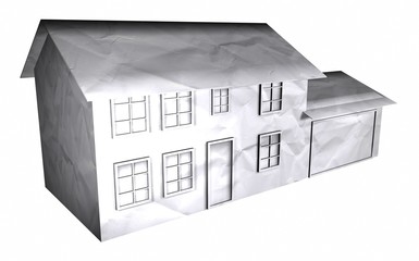 3D Illustration of a wrinkled paper textured house on white