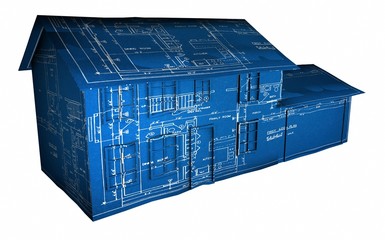 3D Illustration of a house textured with a blueprint on white