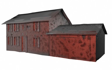 3D Illustration of rusty old house in need of repair on white