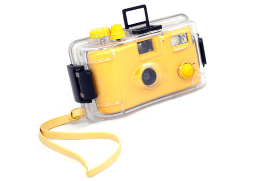 yellow underwater camera on white background