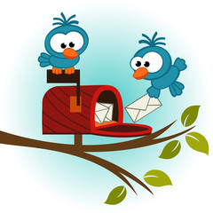 birds and mailbox with mail - vector illustration