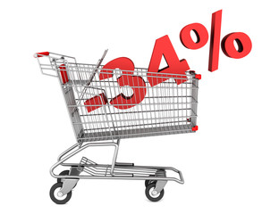 shopping cart with 34 percent discount isolated on white backgro