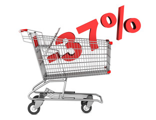 shopping cart with 37 percent discount isolated on white backgro