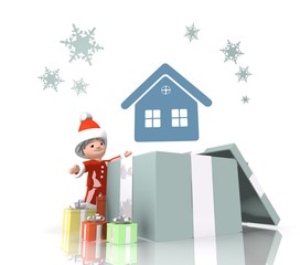 santa claus with gift and house label