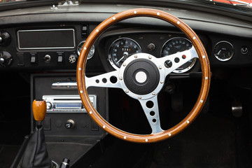 Wooden steering wheel from a MGB roadster sports car