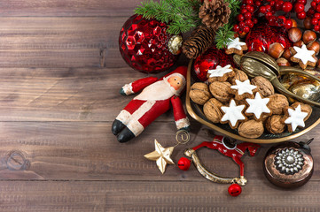 christmas cookies and walnuts with vintage decorations