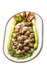 Escargot with asparagus, rosemary, thymus and tomato