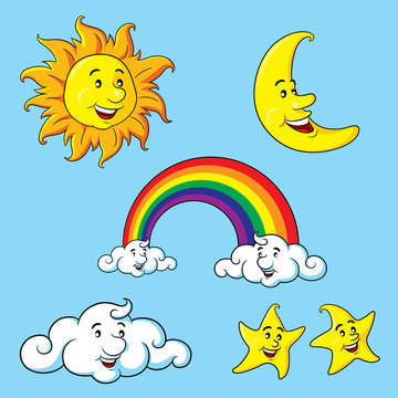 Sun Moon Stars Clouds & Rainbow Cartoon