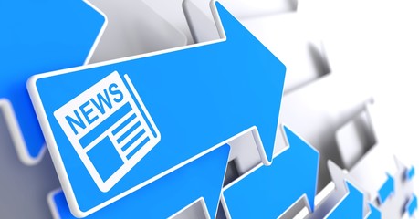 Newspaper Icon with News Title on Blue Arrow.