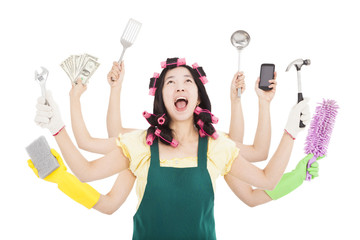 tired and busy woman with multitasking concept