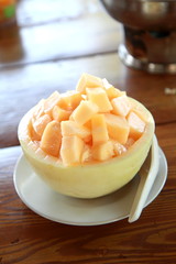 Fresh Fruit Cantaloupe on ice in Cantaloupe Bowl