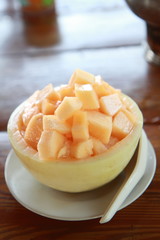 Fresh Fruit Cantaloupe on ice in Cantaloupe Bowl