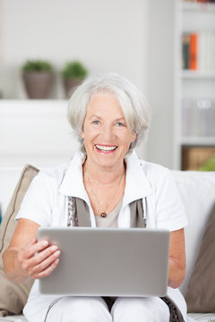 moderne seniorin mit laptop auf dem sofa