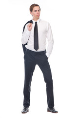 Portrait of a young businessman holding black suit jacket