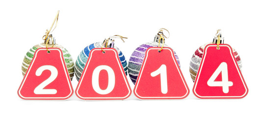 2014 year figures with Christmas balls on white background