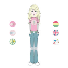 cartoon blonde girl in pink t-shirt and blue jeans