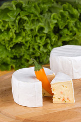 Cheese with slices of pepper on lettuce background