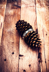 Christmas pine cone on wooden background with decorations. Chris
