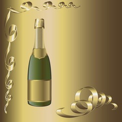 champagne against the Golden background with gold ribbons