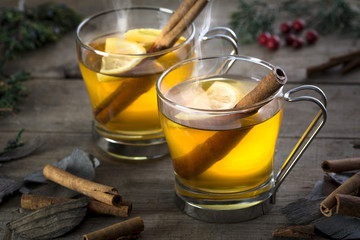 Two Hot Toddy Cocktail Drinks with Cinnamon and Lemon