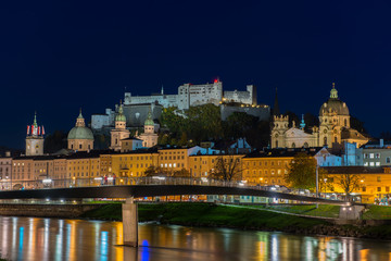 Night view of Salzburg old town, Austria