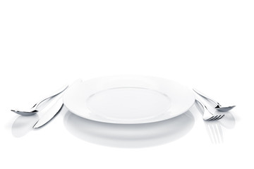 Silverware or flatware set of fork, spoon, knife and plate